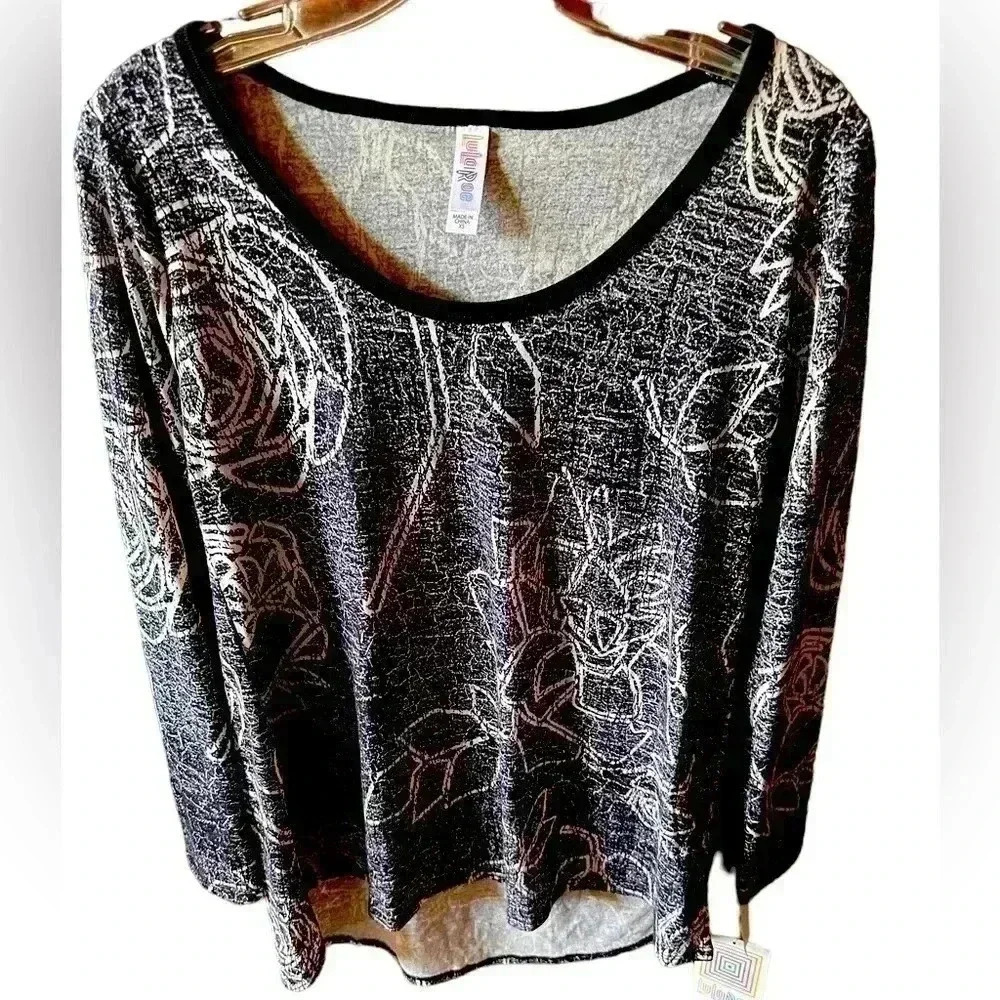 Lularoe XS Lynnae long sleeve black & white roses .Antique crackle finish. NWT.